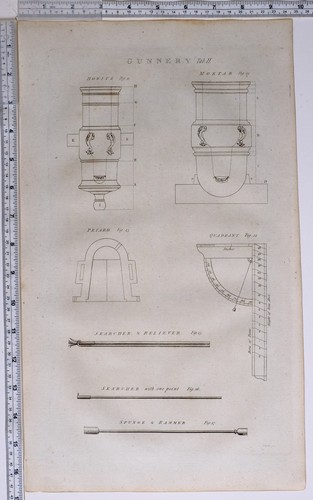 1786 ORIGINAL PRINT GUNNERY HOWITZ MORTAR PETARD QUADRANT SEARCHER & RELIEVER