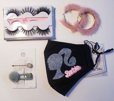 Barbie Pink Glitter cotton Face Mask bundle lot lashes Filter fur hoops hairclip