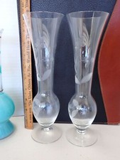 Pasabahce Etched Glass Tall Flower Vases 9"