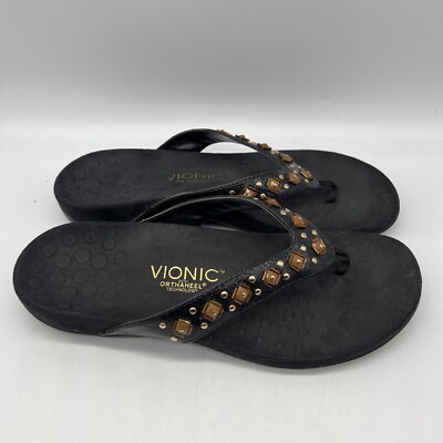 Vionic Floriana Toe-Post Sandals Women Black Faux Leather Beaded Casual  Flats