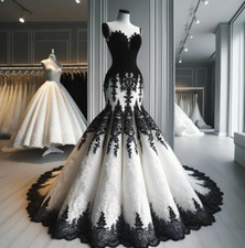 Black And White Mermaid Gothic Wedding Dresses Lace Appliques Tulle Strapless