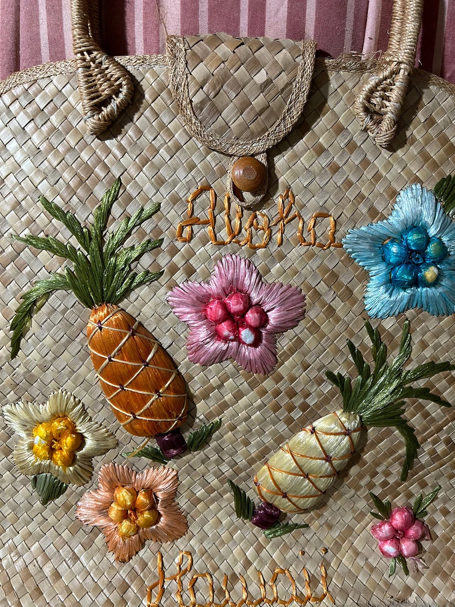Vintage Aloha HAWAII Boho Style Straw Raffia Floral Fruit Tote Bag