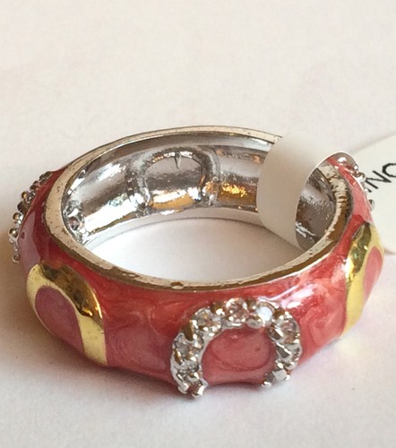 Silver Coral Enamel Ring Size 7 9 10 Eternity Band Peach Cubic Zirconia Plated - Picture 8 of 12