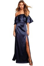 Lulus Pure Happiness Navy Blue Satin Off-the-Shoulder Maxi Dress Size Small New