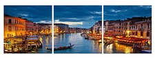 VENICE NIGHT ready to hang 3 piece mounted canvas wall art/purpassed stretched 