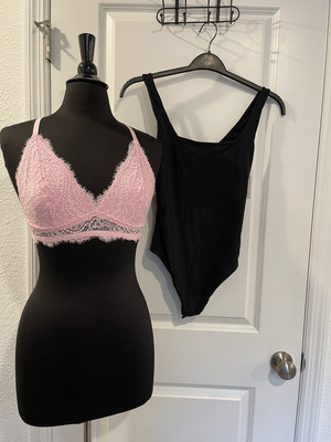 NWOT Colsie Pink Lace Bralette & Auden Black Body Suit Size L