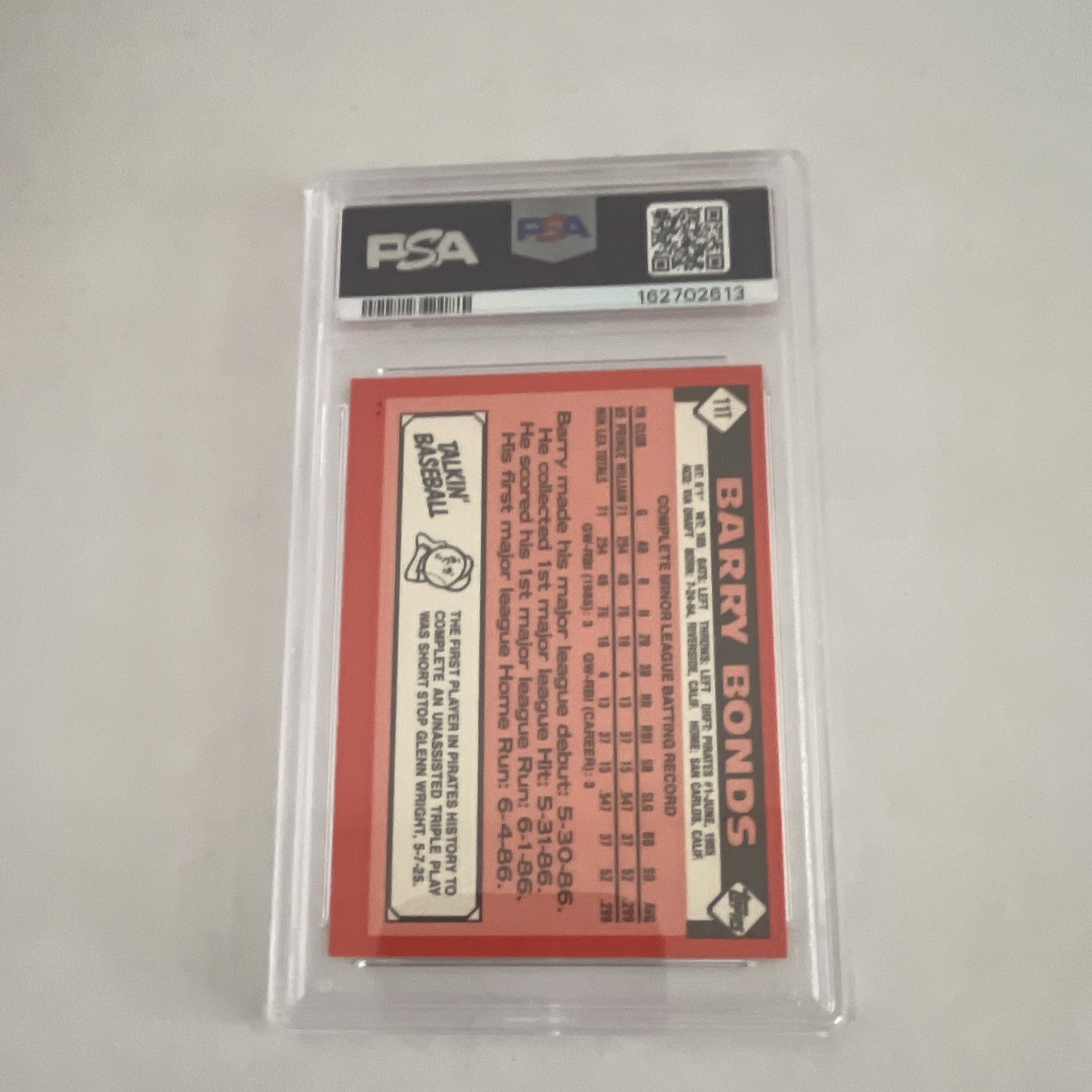 Topps 1986 Traded Barry Bonds Rookie #11T PSA 9 Pittsburgh Pirates view 2