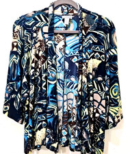 Chicos Travelers cardigan jacket multii print 3/4 sleeve black sz 1 jeresey knit