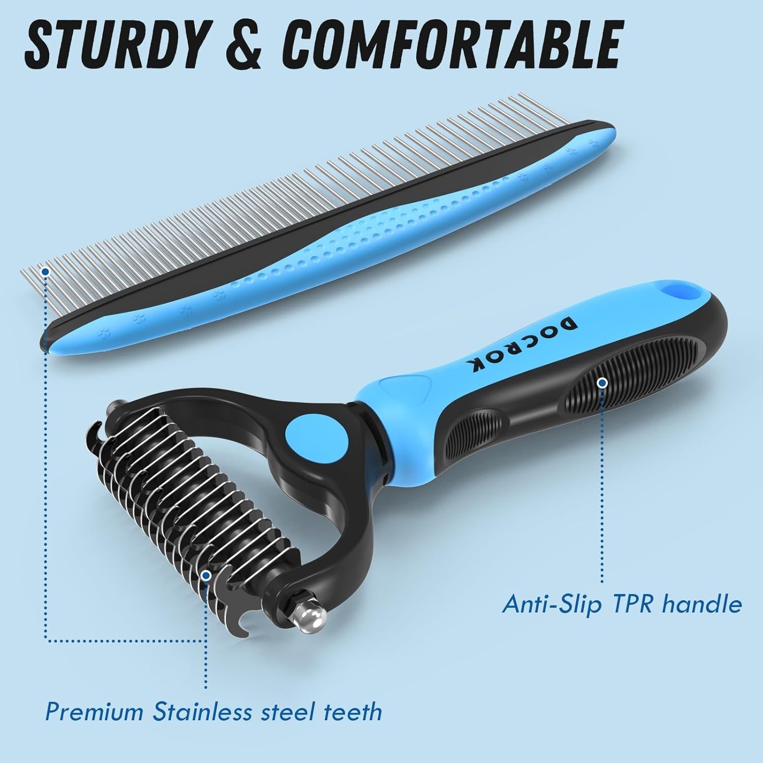 Pet Grooming Combo - Blue Deshedding Brush with Metal Comb for Detangling and De