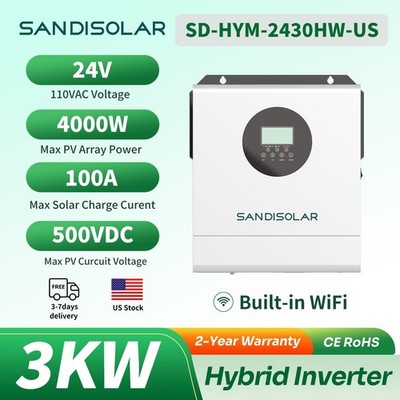 SANDISOLAR Hybrid Solar Inverter Charger 3000W DC24V AC 110/120V Wifi 100A MPPT
