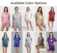 SALE Womens Satin PJ Set Short Sleeve Shirt & Shorts | Silky Pyjamas Nightwear