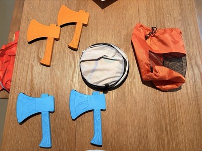 Outside Inside Axe Throwing Target Game Set w/ 4 Foam Axes, Bags, Orange/Blue