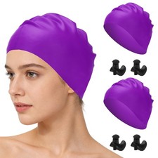 Silicone Swim Cap Set with Waterproof Earplugs, 9.1 x 7.9"  2 Set  Purple