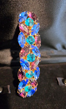 Vintage French Gold Tone Hair Barrette with Large Multicolor Rhinestones Nice 