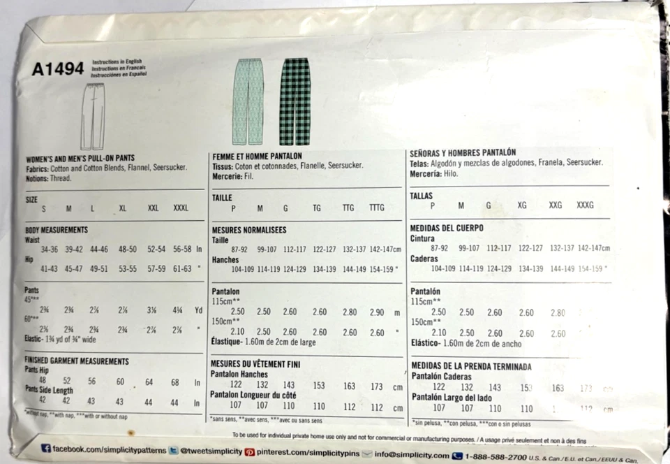 Simplicity Sewing Pajama Pants Bottoms Unisex S-3X  New Uncut 1494 - Image 2 of 2