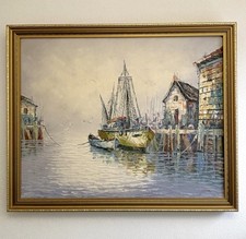 Vintage Original Oil On Canvas Boat Ship in Harbour Signed 'Jone' - 55x44cm