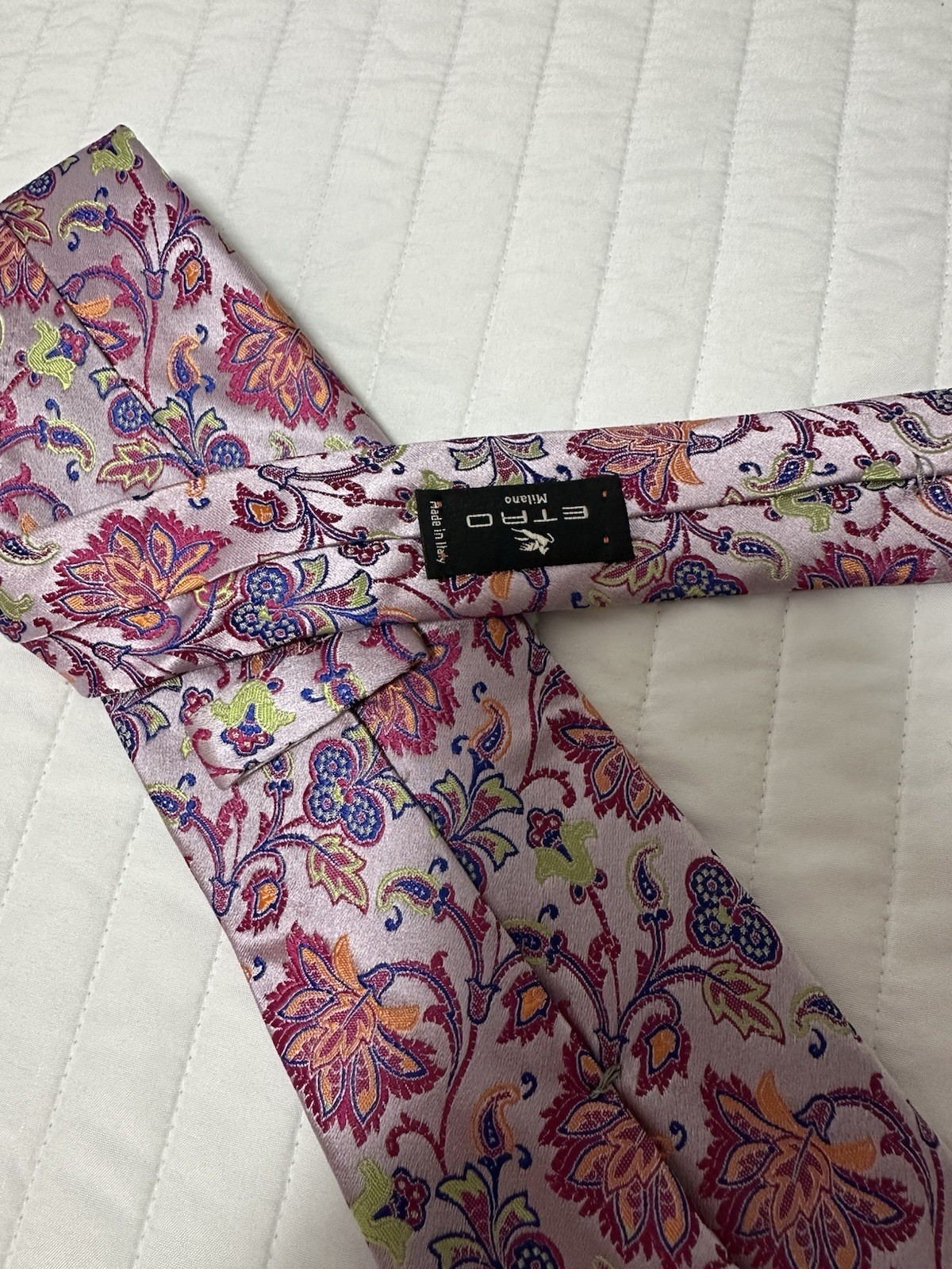 ETRO Pink Purple Orange & Lime Green Paisley Flower Print Silk Neck Tie Mint!