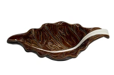 Over And Back Outfitters Stoneware Gravy Boat Glazed Brown White Leaf Ceramic