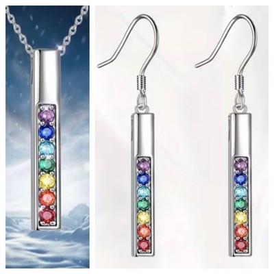 Mini Rainbow 7 Chakra Crystals Silver 17  Chain & Matching French Hook Earrings