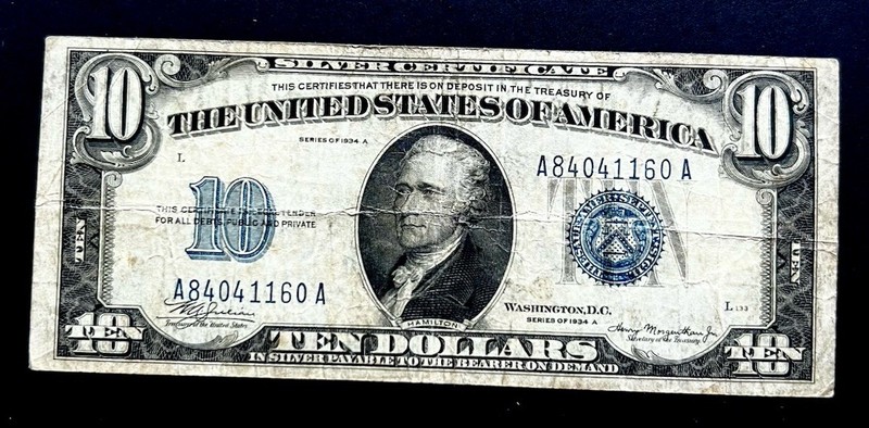 ** $10 1934 A   ((VF+)) Blue Seal Silver Certificate NOTE ** PAPER CURRENCY