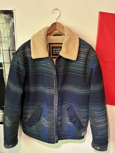 Scotch & Soda Amsterdam Jacquard Blanket Jacket Sherpa Collar Navy Zip Mens M - product listing photo