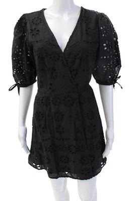 Chaser Womens Mini Wrap Dress Black Floral VNeck 3/4 Sleeve 100% Cotton Size XS