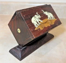 Vintage Antique Wooden Cigarette Dispenser Box, Inlay Elephant Motifs, Marquetry