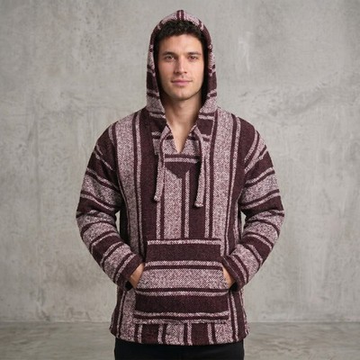 Unbranded Mens Large Maroon Striped Hoodie Baja Poncho Pullover Mexican Drug Rug