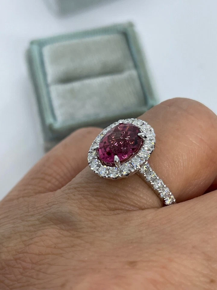 Обручальное кольцо с гало из розового турмалина 2,74 карата овальное с покрытием из белого золота 14 карат - Изображение 4 из 4