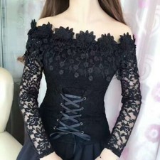 Maglietta In Pizzo Per Donne Top Pullover Blusa Ricamo Rete Vuota