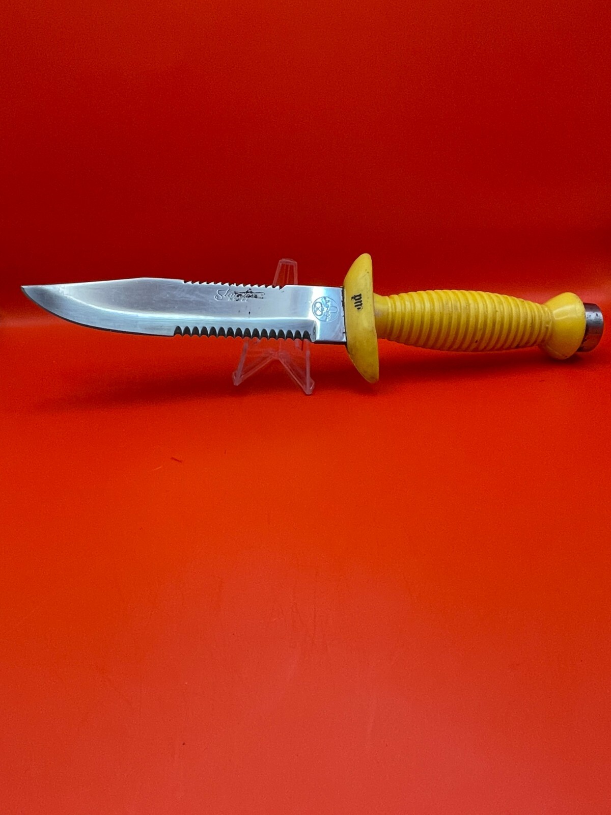 Vintage AquaLung Aqualung Diving Knife Yellow Handle Serrated and Saw
