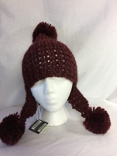 NEW CARPISA BURGUNDY 3 POM POM KNITTED WINTER BEANIE SKI HAT EAR FLAP TASSELS