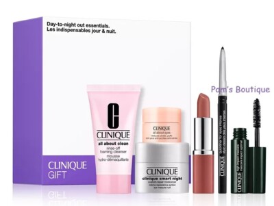 CLINIQUE 6pc GIFT SET w/Bare Pop Lipstick, All About Eyes, Smart Night + Mascara