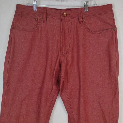 AKOO Brand Mens Red Denim Jeans Straight Leg 36inX33in Embroidered Pockets