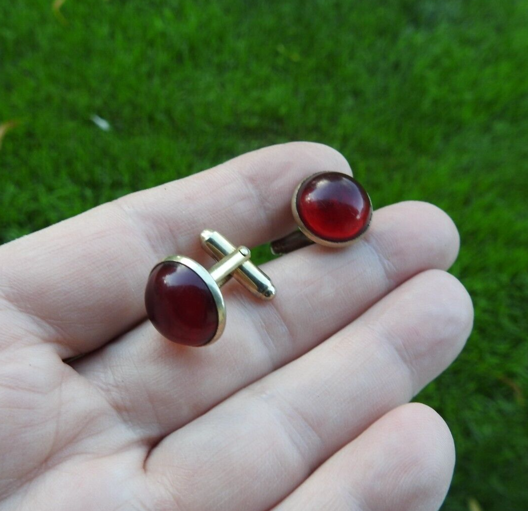 Boutons De Manchette Vintage Anson Or Avec Cabochon Ovale Rouge - Occasion, Pour Homme