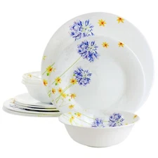 12 Piece Tempered Opal Glass Dinnerware Set Multi Color Floral Traditional Round