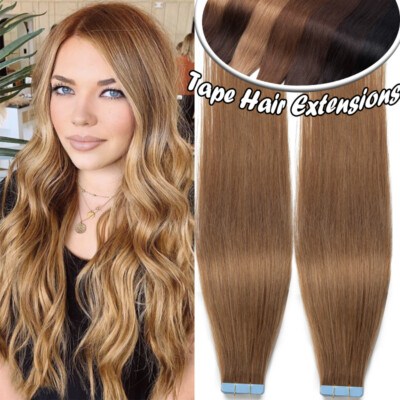100% INDISCHES REMY ECHTHAAR Tape In Extensions Haarverlängerung 40Tressen Bruan