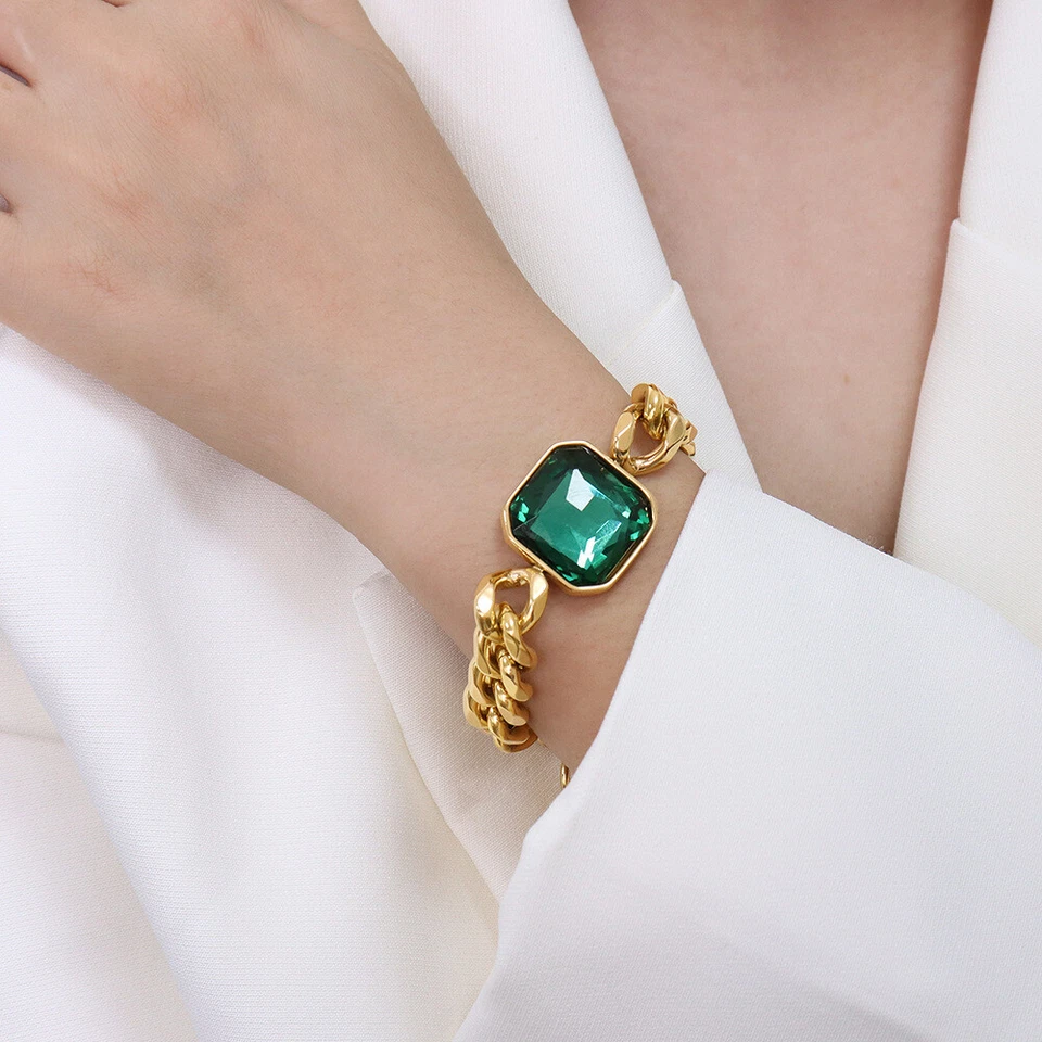 Brazalete ancho cubano esmeralda simulada acero inoxidable chapado en oro de 18 quilates para mujer Foto 4 de 4