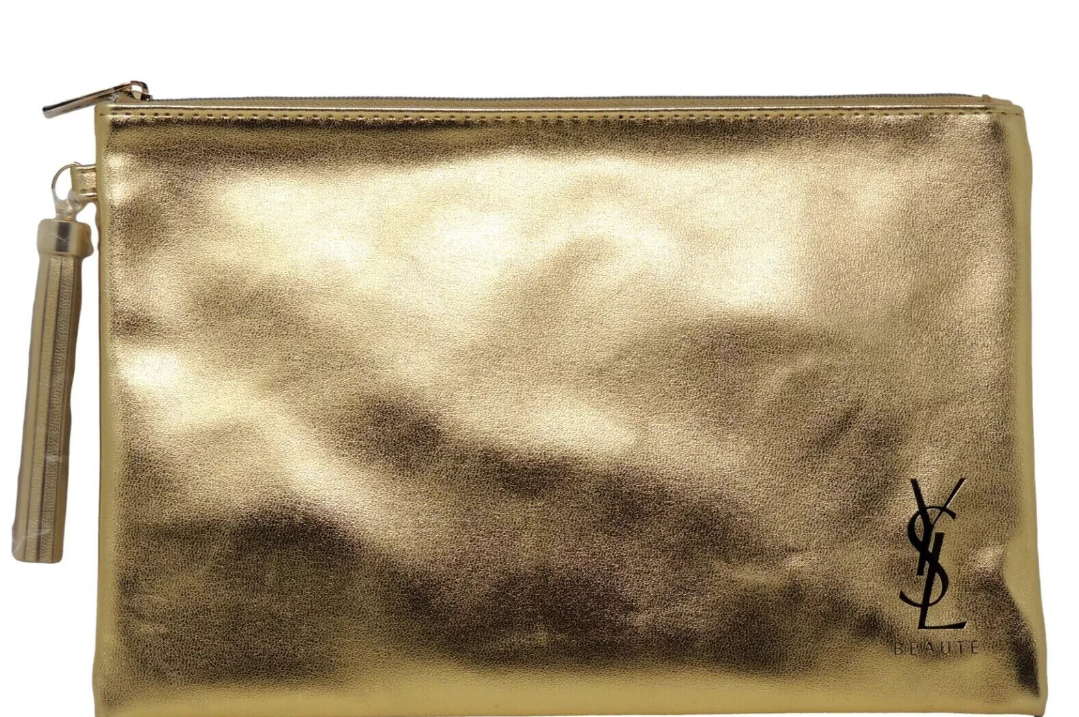 YVES Saint Laurent Borsa Trucco Oro Pochette con Nappa YSL Beauty Logo Zip NUOVO