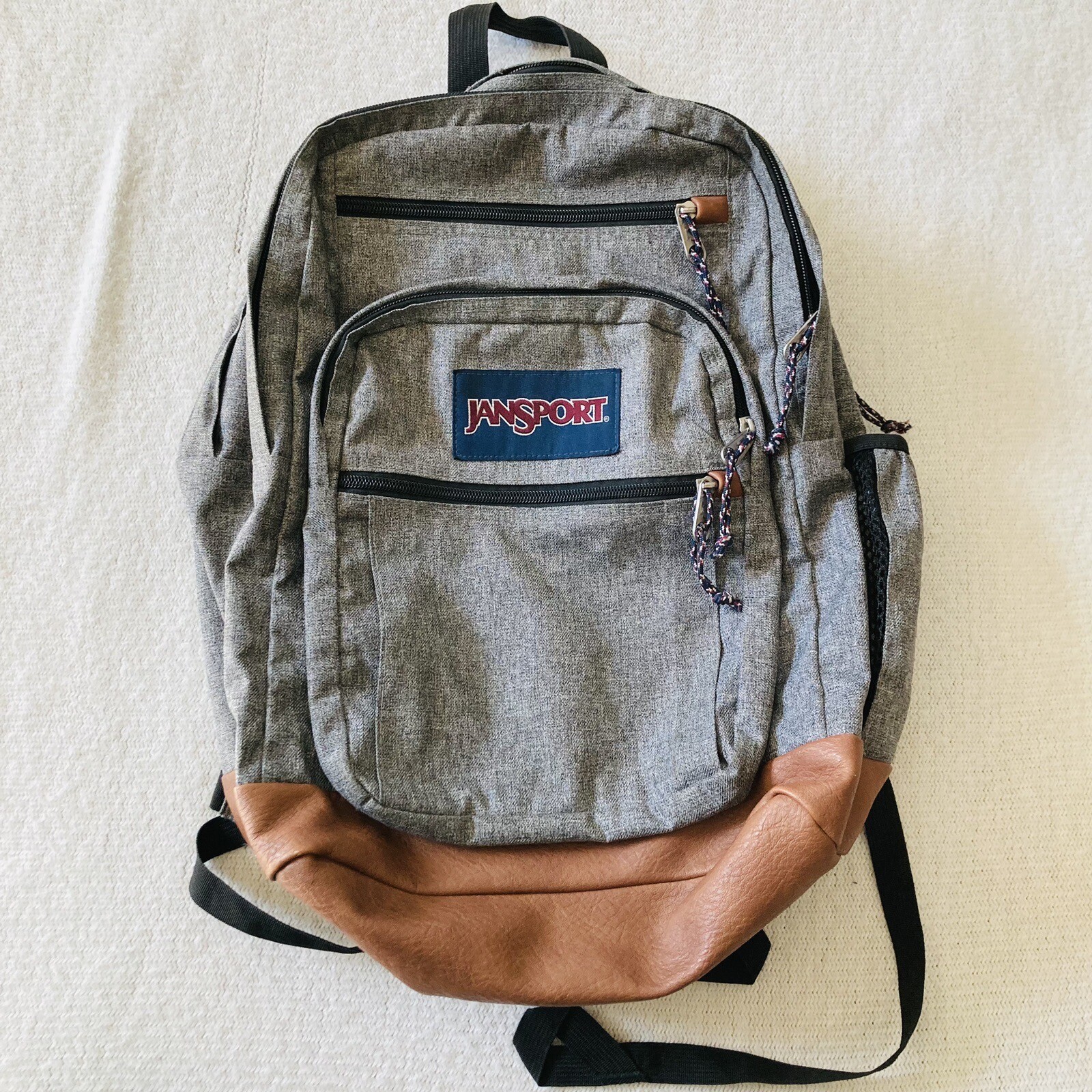 Jansport Cool Student Laptop Backpack Gray Black Leather Bottom FLAW eBay