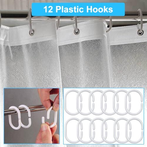 Shower Curtain Liner with 12 Plastic Hooks, 72x72 Inch Plastic Shower Curtain - Afbeelding 3 van 7