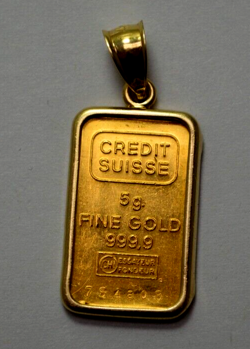 Credit Suisse 5g Fine 9999 Gold Bar &14k Gold Bezel Pendant Credit Suisse 5g Fine 9999 Gold Bar &14k Gold Bezel Pendant