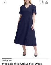 Calvin Klein Plus Size  W18 Tulip-Sleeve Midi Dress Indigo Color "Blue"NEW