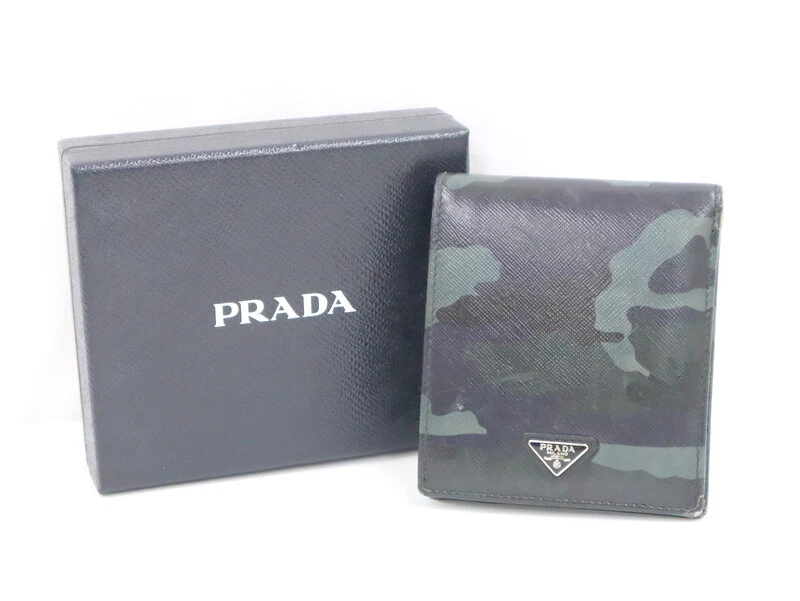 PRADA Bi-fold Wallet Camouflage Logo Saffiano Leather Green Men Unisex with  Box