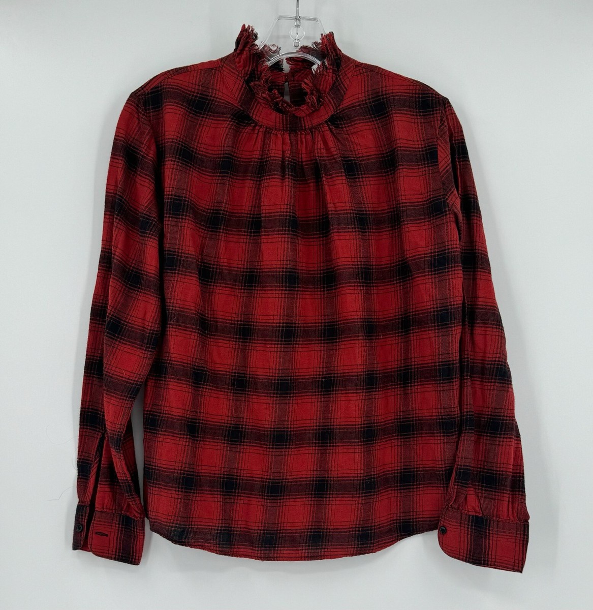 Officine Generale Red Plaid Flannel Mock Neck Long Sleeve Top Sz S