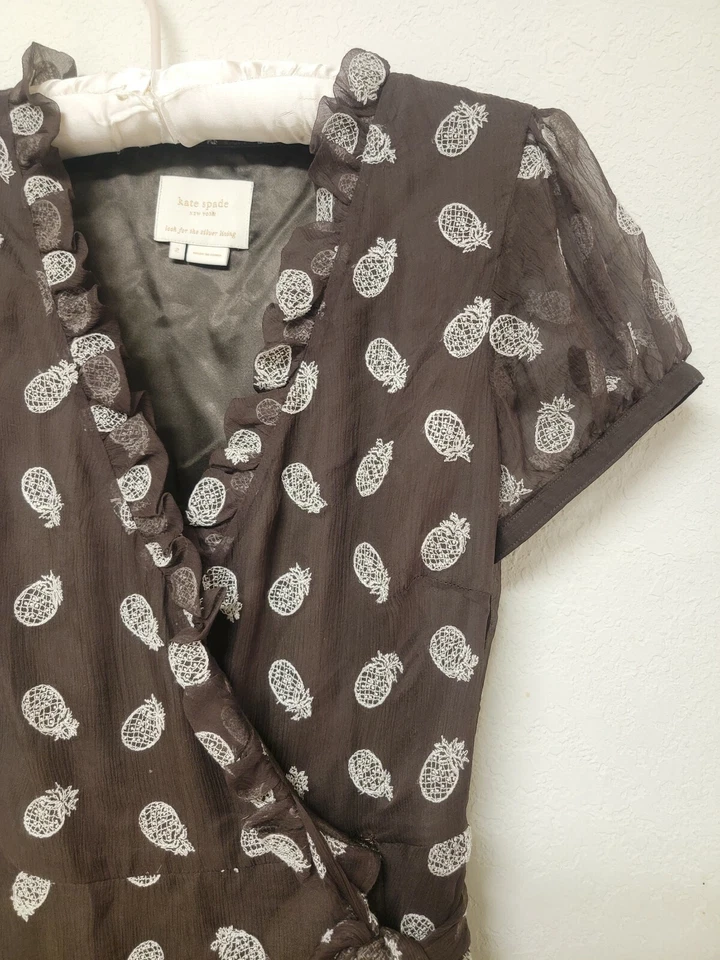 Vestido Kate Spade Piña Bordado Envolvente Marrón Seda Manga Gorra Volantes Talla 2 Foto 3 de 4
