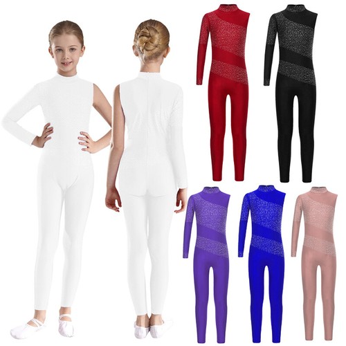 Kids Girls Leotard Sparkly Bodysuit Full Length Jumpsuit Figure Skating Costume - Picture 2 of 58