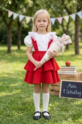 Girls Festive Set - Red Bell Skirt & White Lace Short Sleeve Blouse