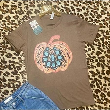 BRAND NEW WITH TAGS Brown Turquoise Leopard Pumpkin Graphic Tee
