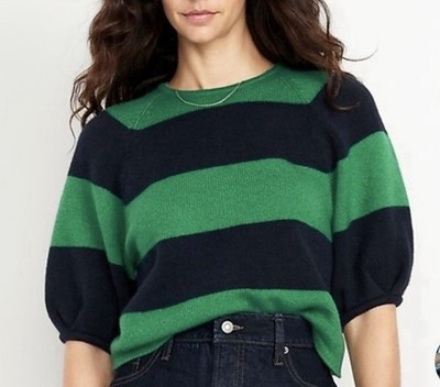 Old Navy SoSoft Cropped Puff-Sleeve Sweater In Navy And Green stripe Size 2X